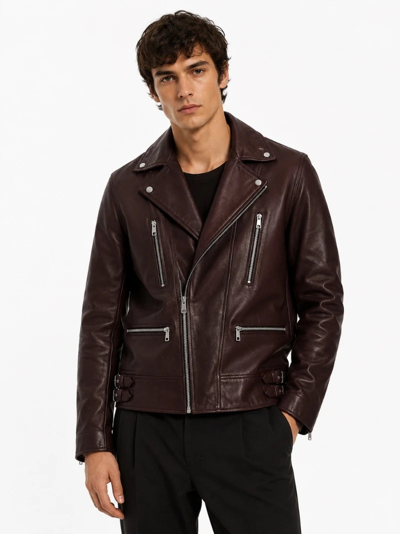 Men’s Burgundy Leather Classic Jacket Full