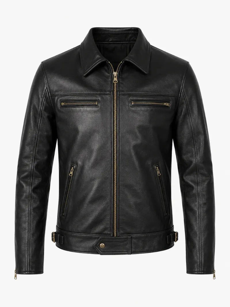 Men’s Casual Black Leather Jacket Front 