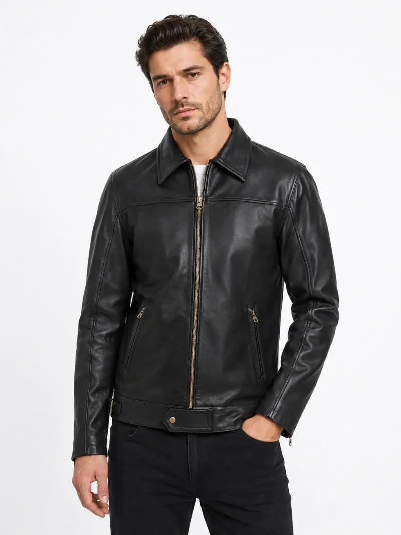 Men’s Casual Black Leather Jacket Full