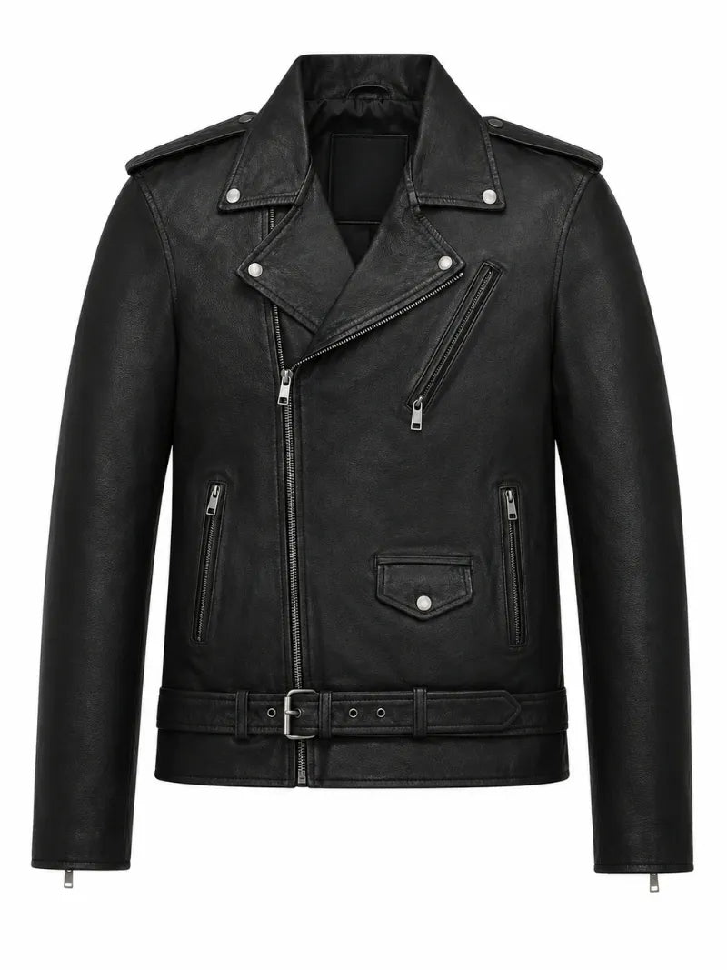 Men’s Classic Black Brando Leather Jacket Front 