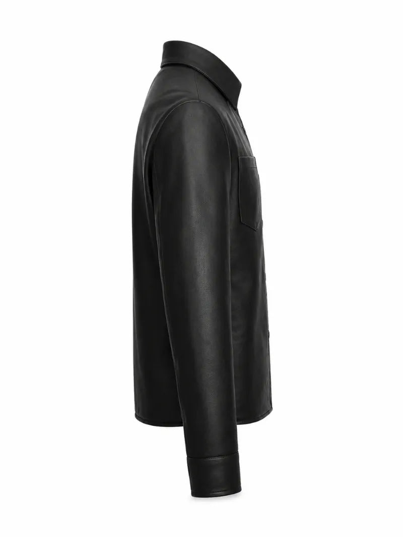 Men’s Classic Black Leather Shirt Jacket Right 