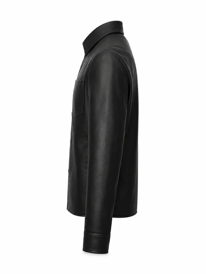 Men’s Classic Black Leather Shirt Jacket Left 