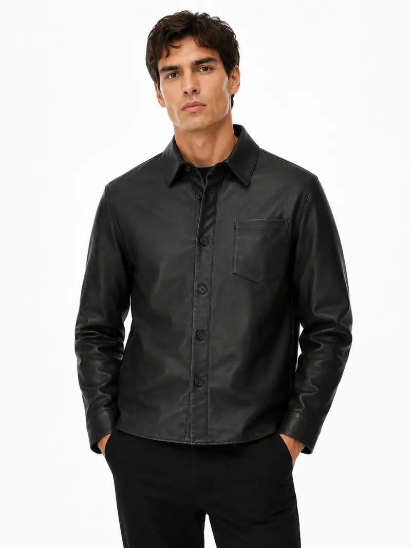 Men’s Classic Black Leather Shirt Jacket Full