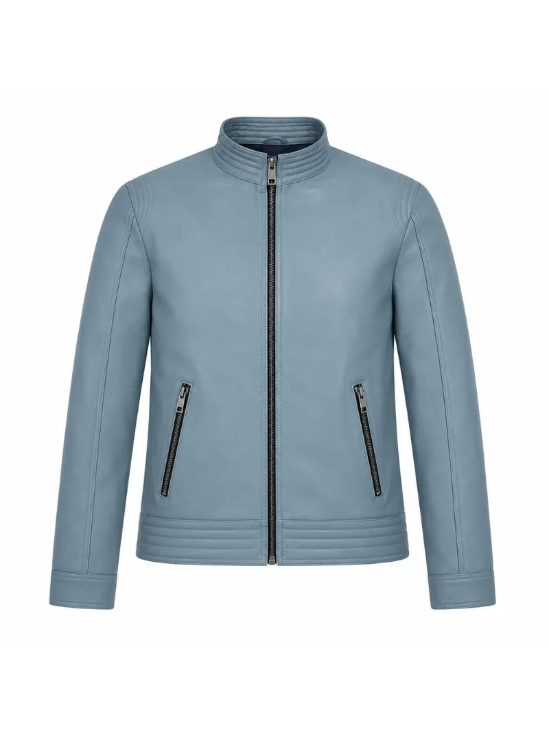 Men’s Classic Blue Leather Jacket Front 