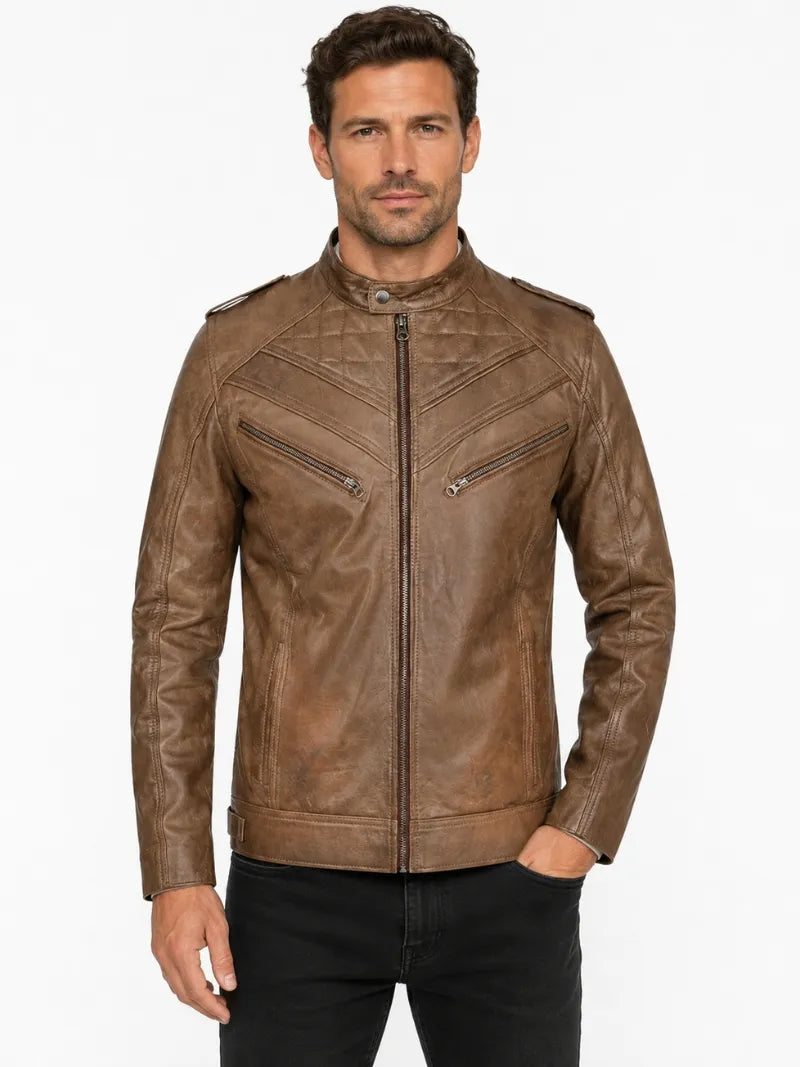 Men’s Classic Brown Quilted Leather Jacket Full