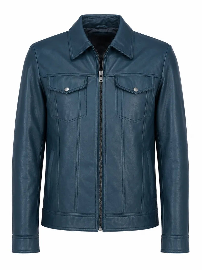 Men's Classic Teal Leather Zip Jacket Front 