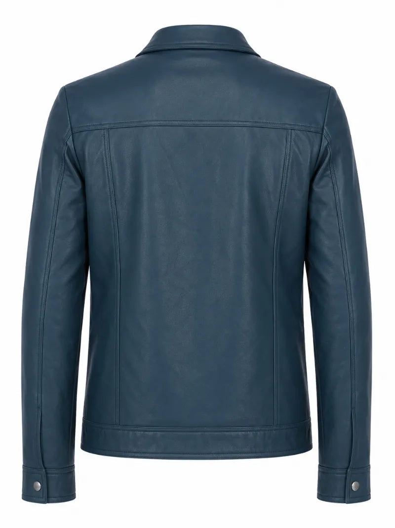 Men's Classic Teal Leather Zip Jacket Back 