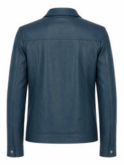 Men's Classic Teal Leather Zip Jacket Back 