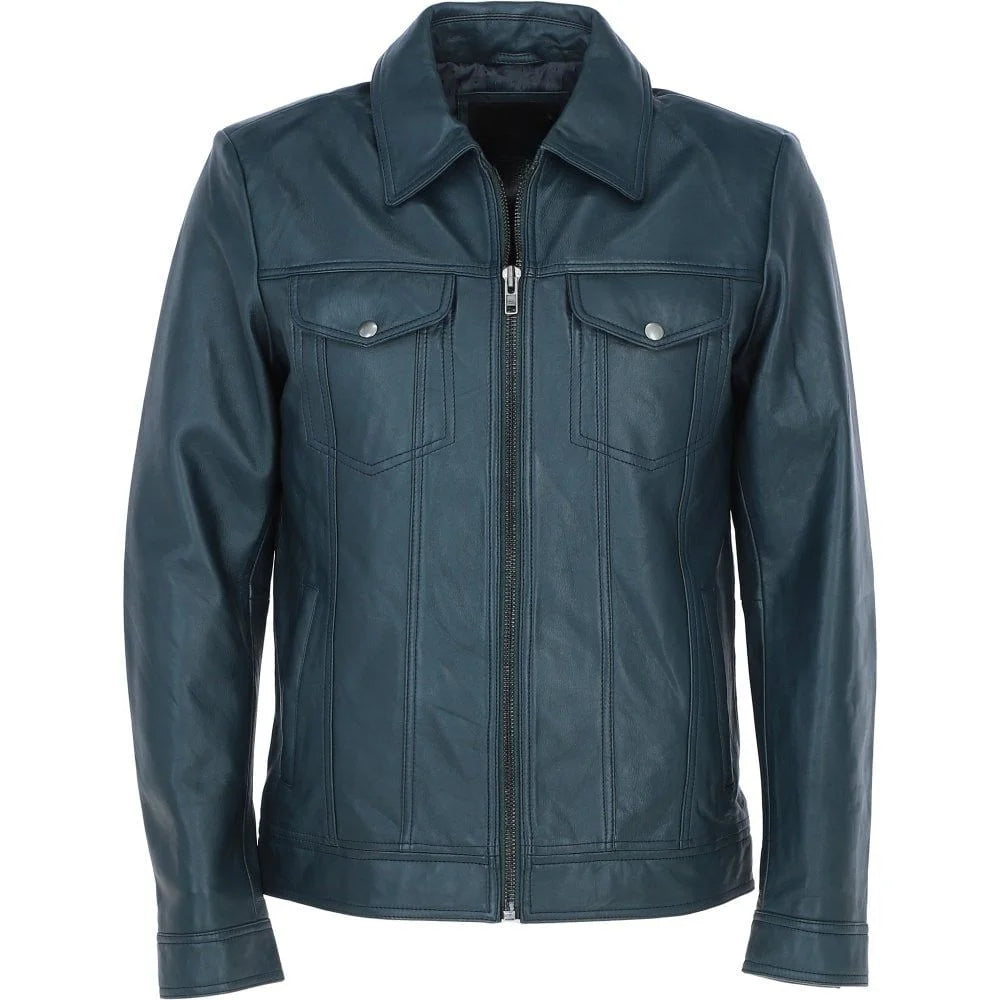 Men's Classic Teal Leather Zip Jacket