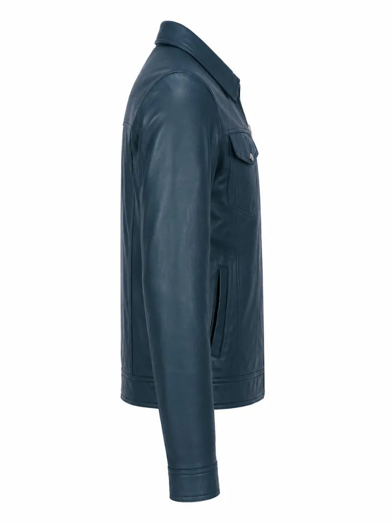 Men's Classic Teal Leather Zip Jacket Right 