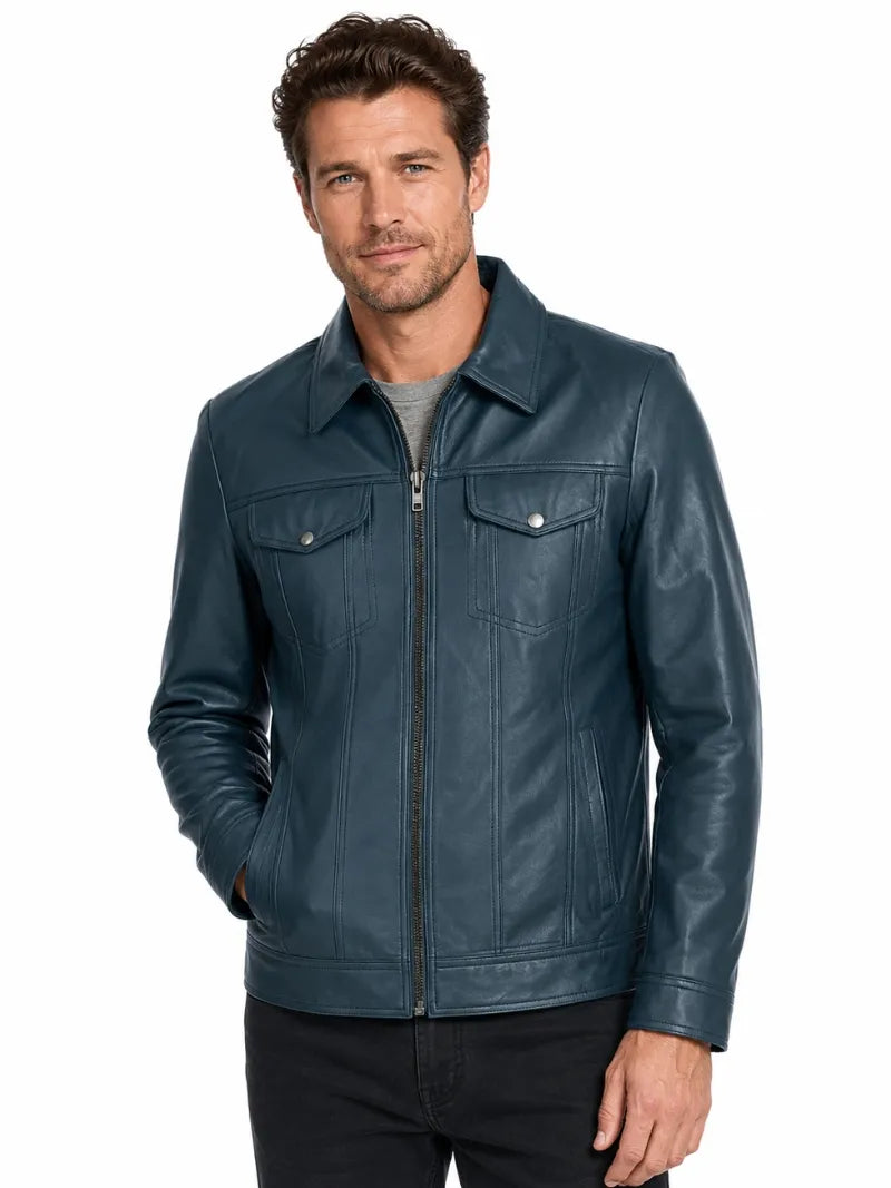 Men's Classic Teal Leather Zip Jacket Full