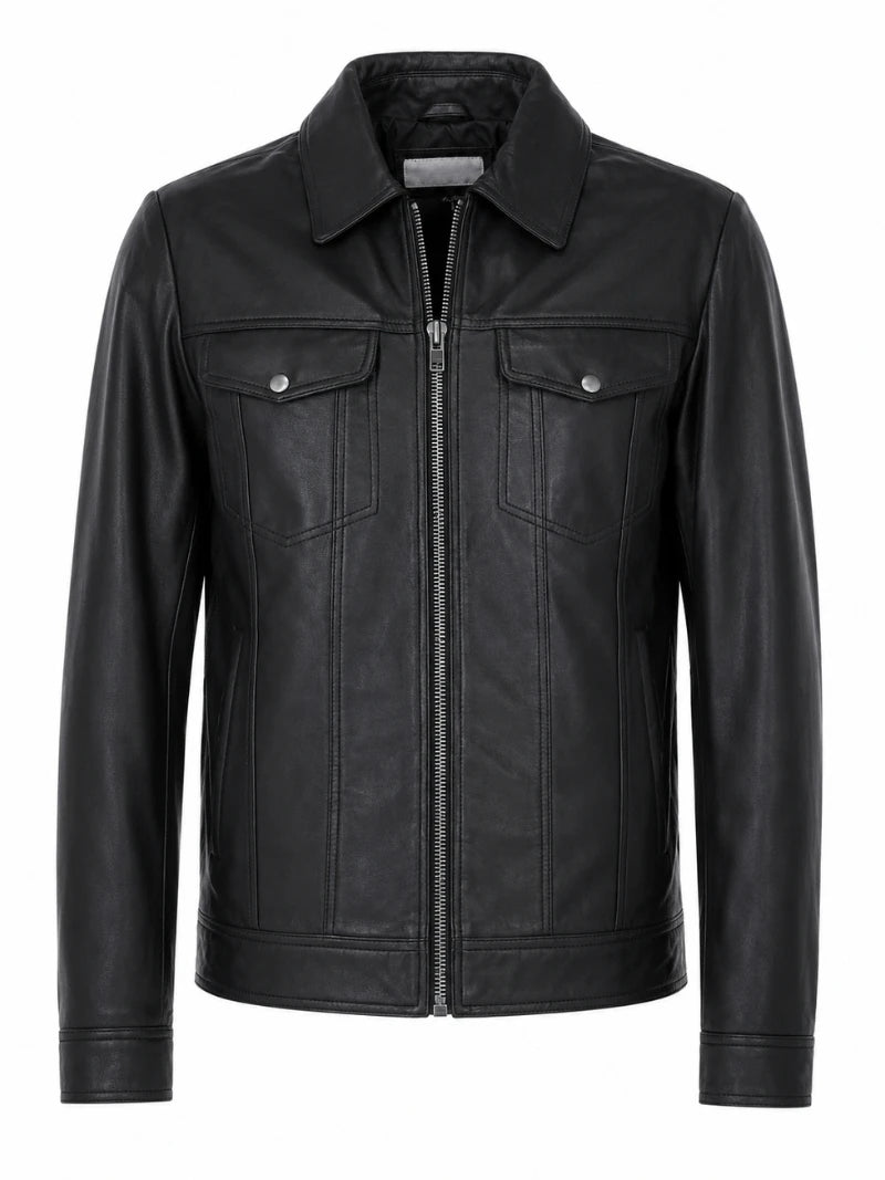 Men's Dark Black Leather Jacket Front 