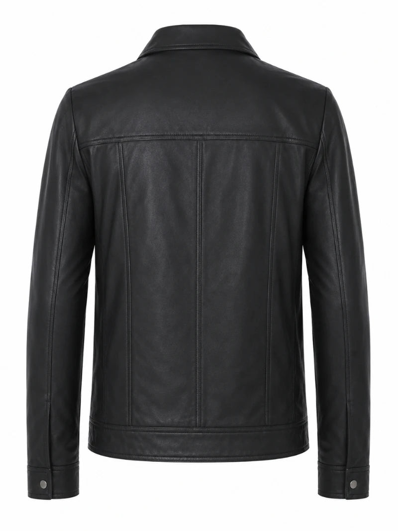 Men's Dark Black Leather Jacket Back