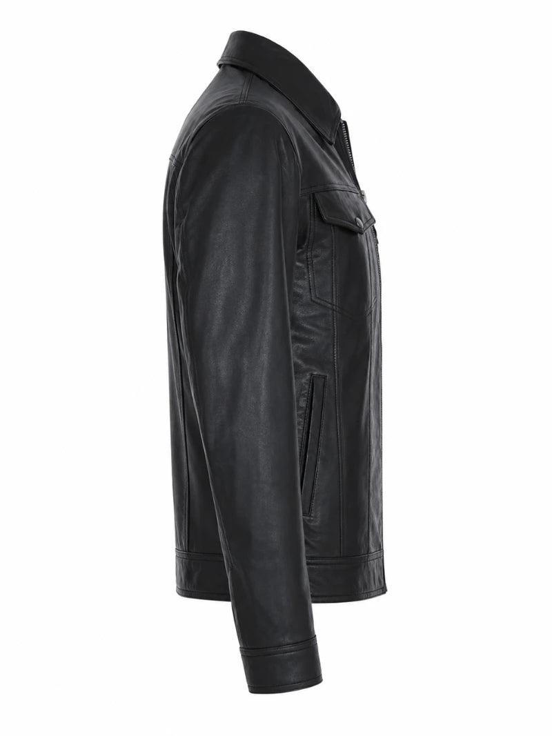 Men's Dark Black Leather Jacket Right 
