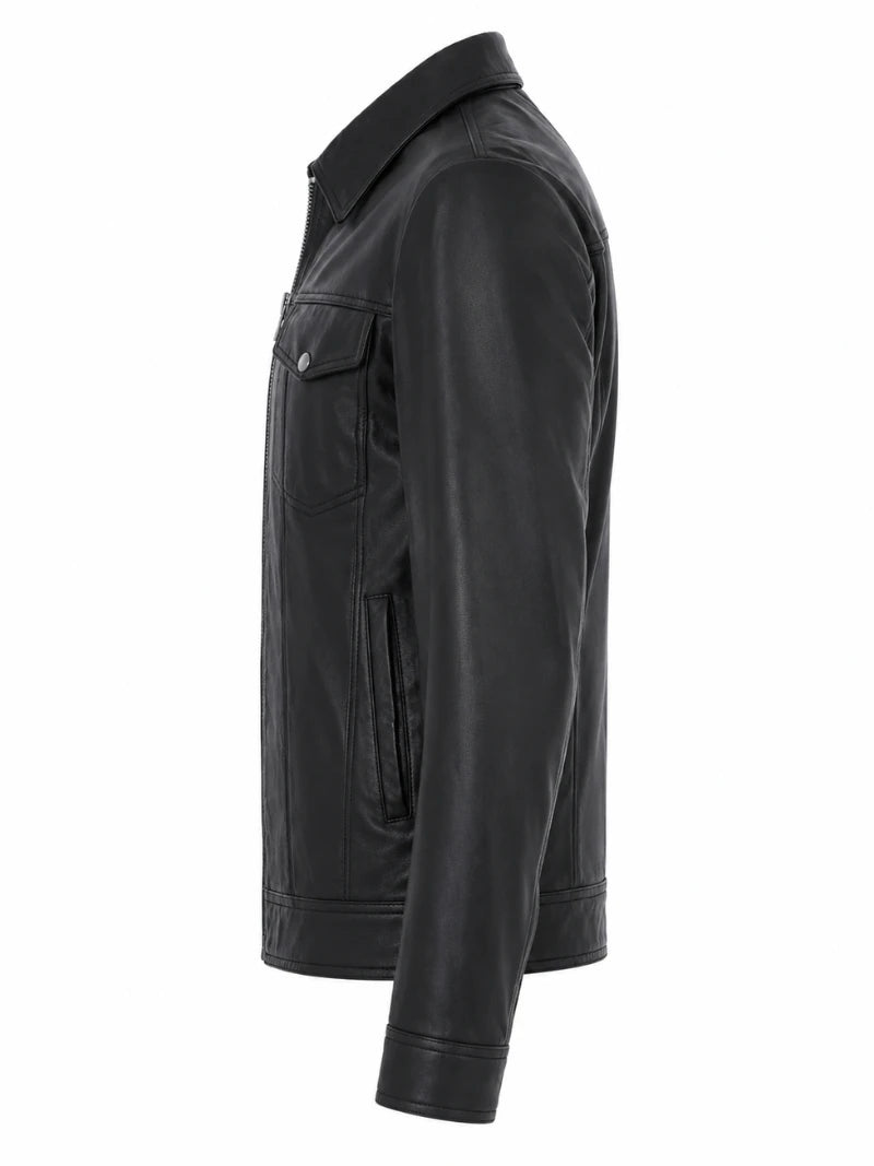 Men's Dark Black Leather Jacket Left