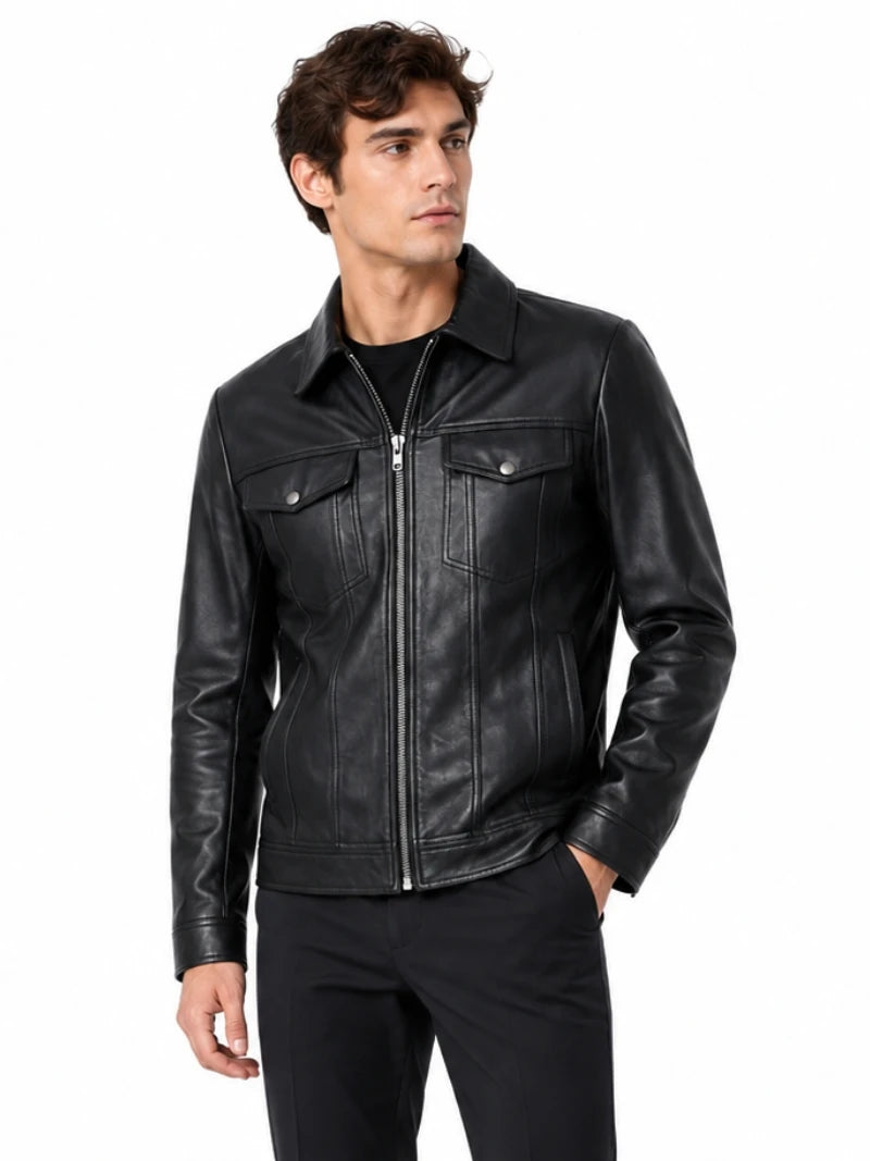 Men's Dark Black Leather Jacket Full