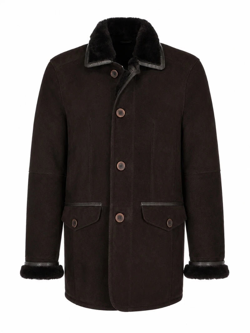 Men’s Dark Brown Shearling Leather Coat Front 