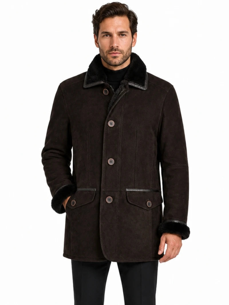 Men’s Dark Brown Shearling Leather Coat Full