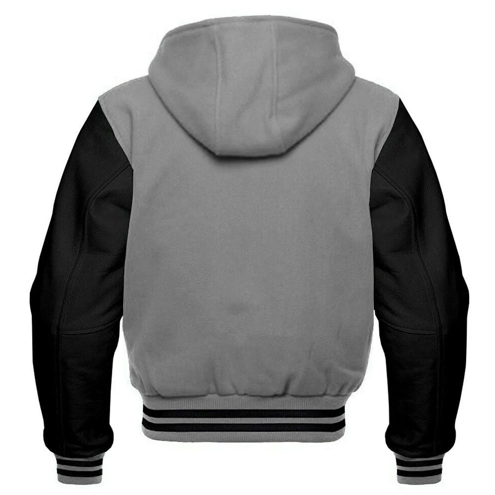 Men's Gray and Black Hooded Varsity Jacket