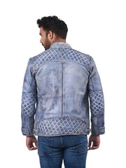 Men’s Light Blue Leather Jacket with Zip Pockets Back 