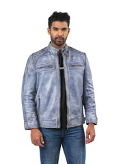 Men’s Light Blue Leather Jacket with Zip Pockets Front 