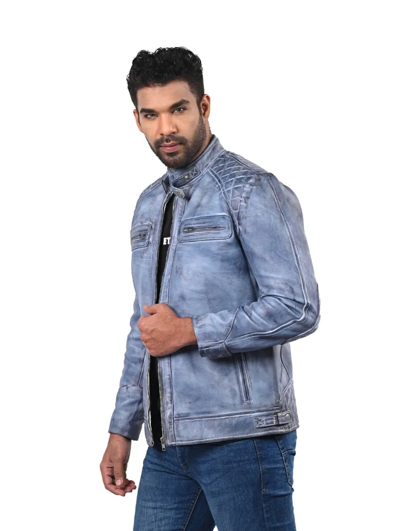 Men’s Light Blue Leather Jacket with Zip Pockets Left 