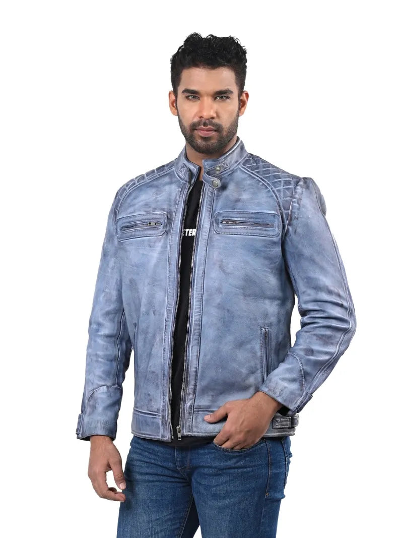 Men’s Light Blue Leather Jacket with Zip Pockets Full