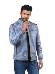 Men’s Light Blue Leather Jacket with Zip Pockets Right 