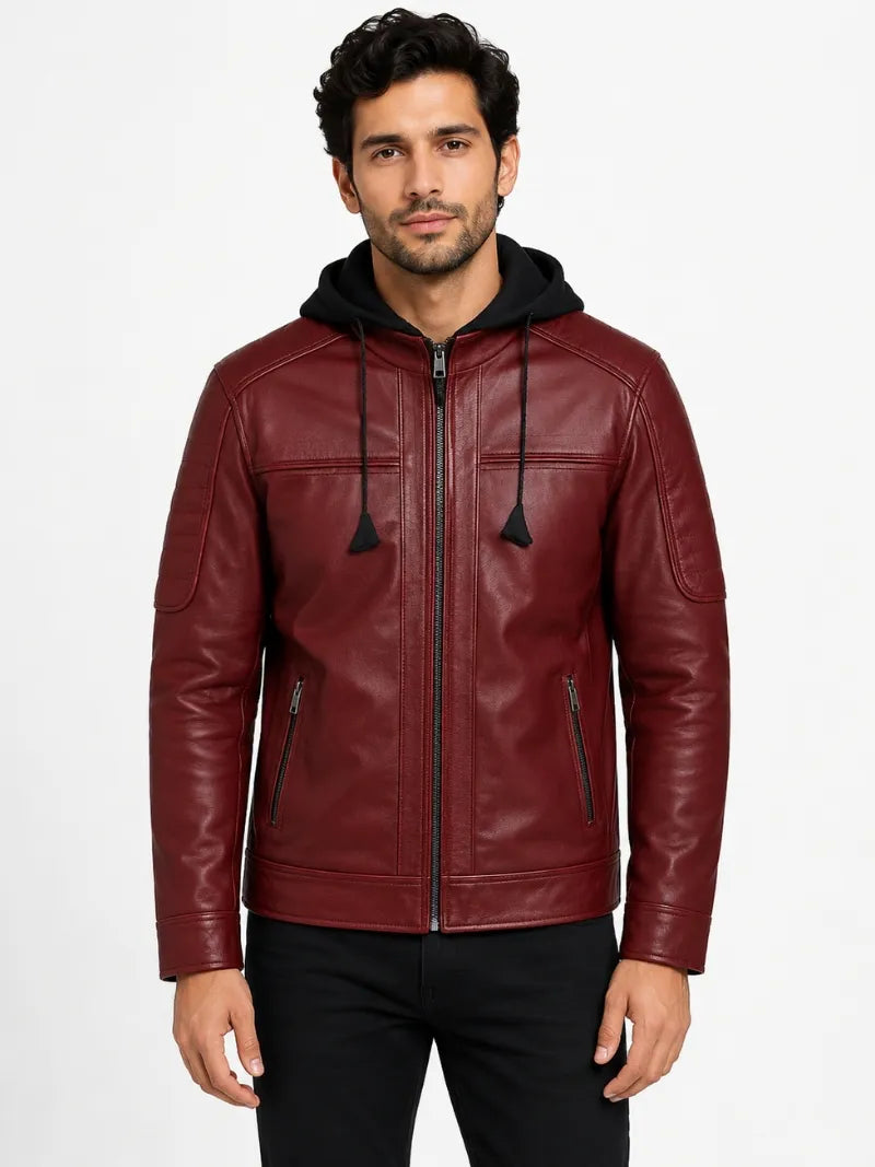 Men’s Maroon Hooded Leather Jacket Full