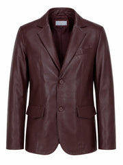 Men's Maroon Leather Blazer Jacket Front 