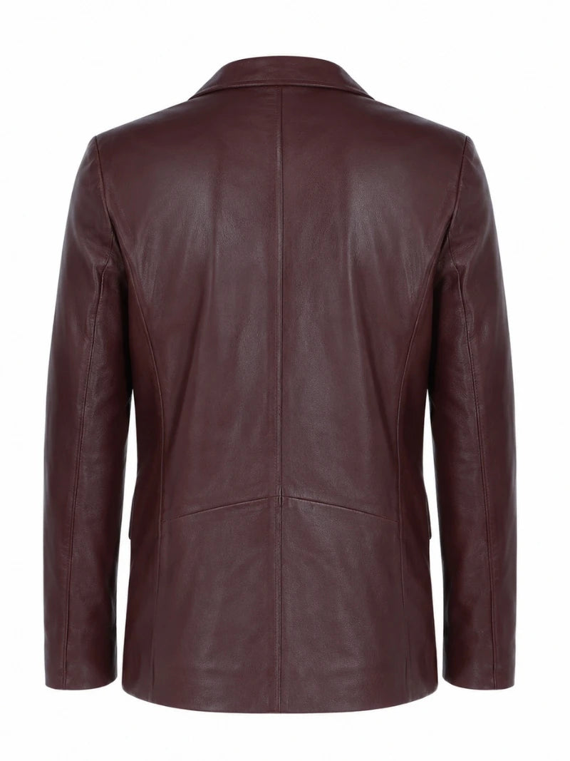 Men's Maroon Leather Blazer Jacket Back 