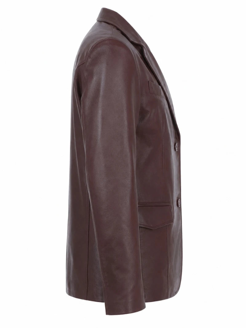 Men's Maroon Leather Blazer Jacket Right 