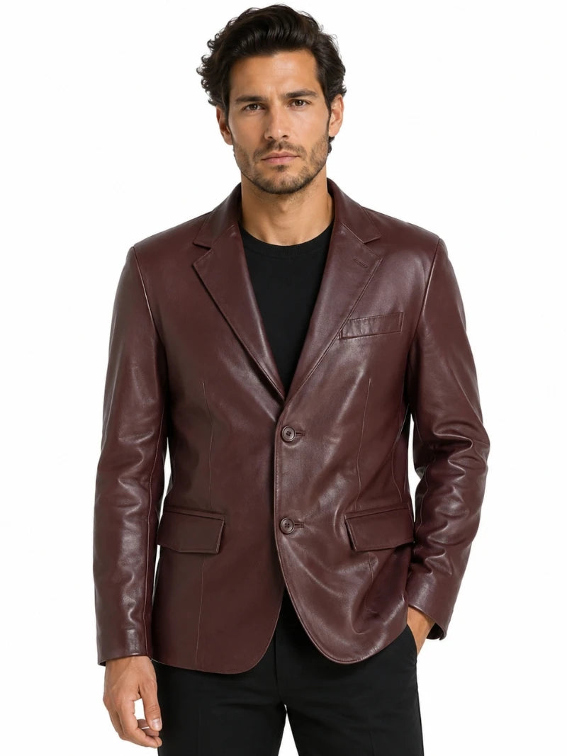 Men's Maroon Leather Blazer Jacket Full