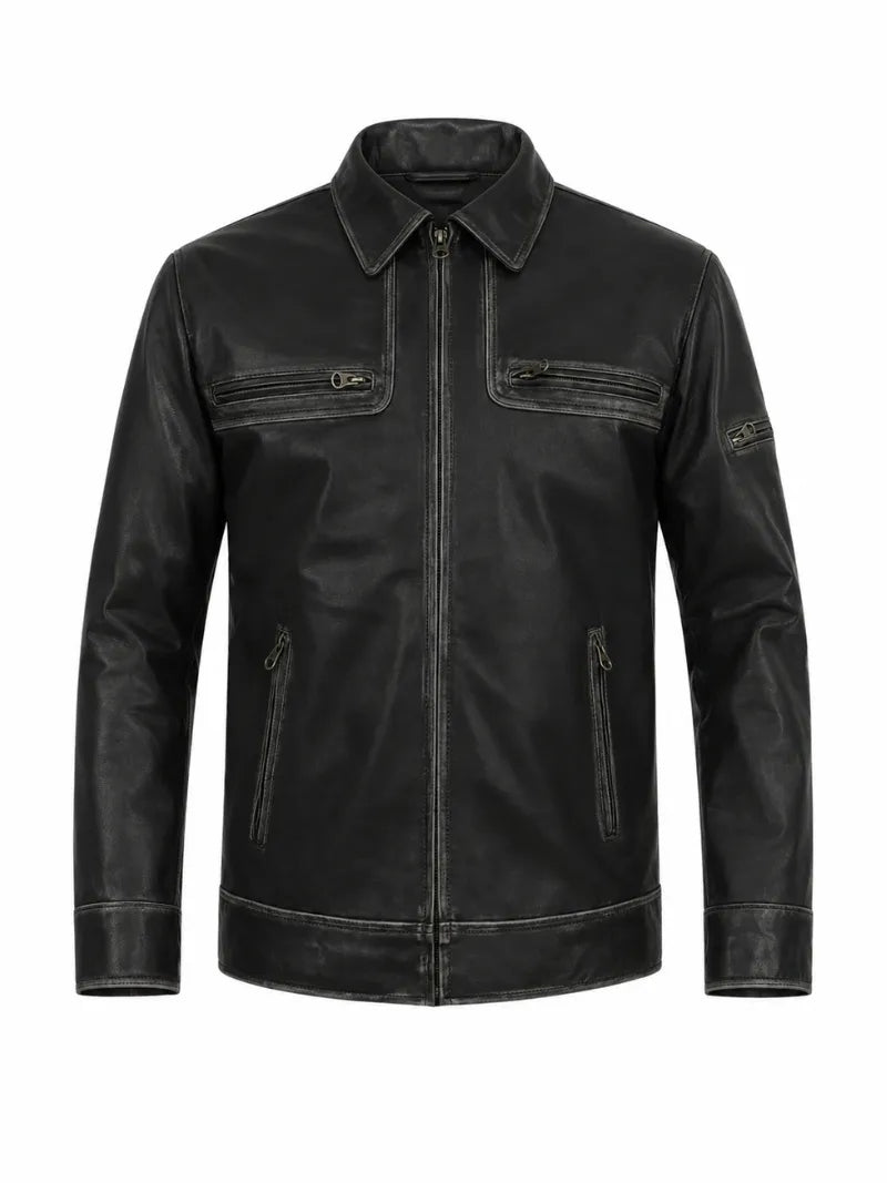 Men’s Modern Black Leather Jacket Front 