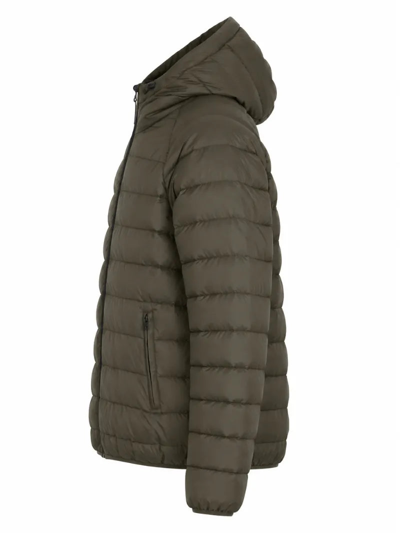 Men’s Olive Green Polyester Hooded Winter Puffer Jacket Left 