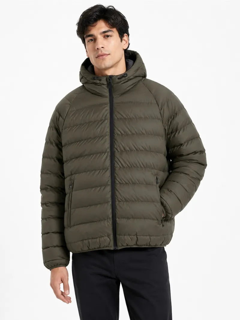 Men’s Olive Green Polyester Hooded Winter Puffer Jacket Full