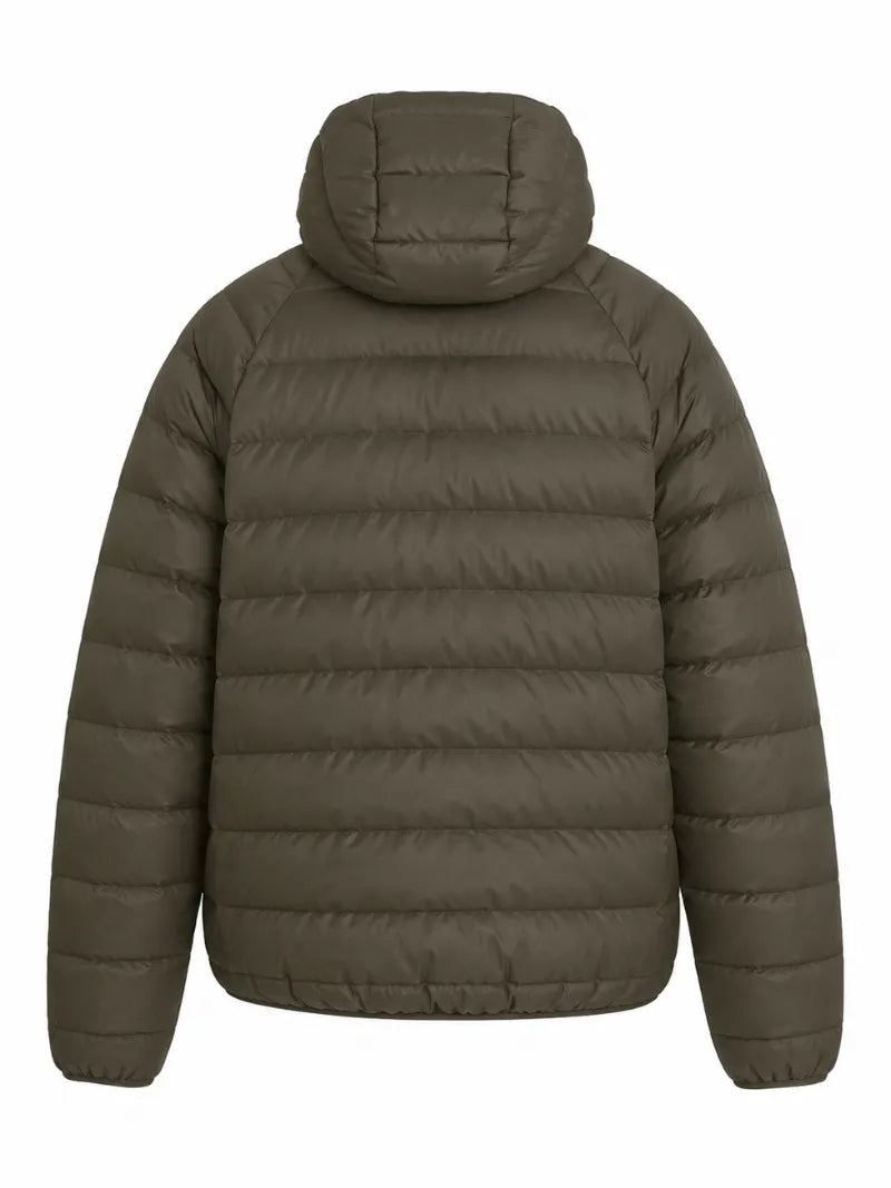 Men’s Olive Green Polyester Hooded Winter Puffer Jacket Back 