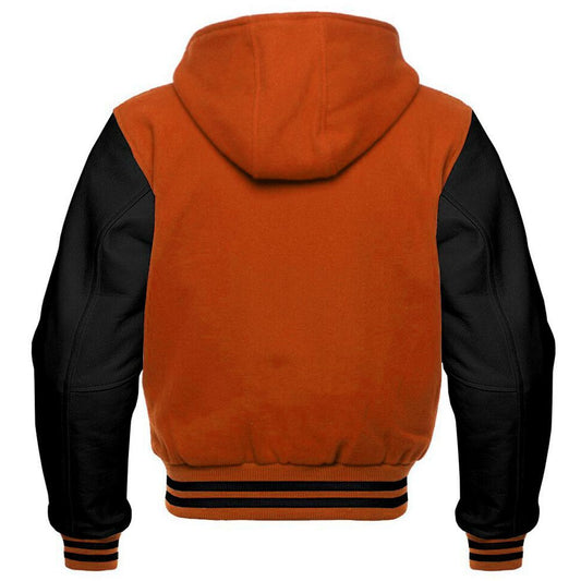 Men's Orange and Black Hooded Varsity Jacket