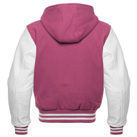 Men's Pink and White Hooded Varsity Jacket