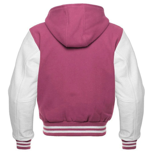 Men's Pink and White Hooded Varsity Jacket