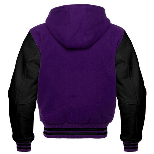 Men's Purple and Black Hooded Varsity Jacket