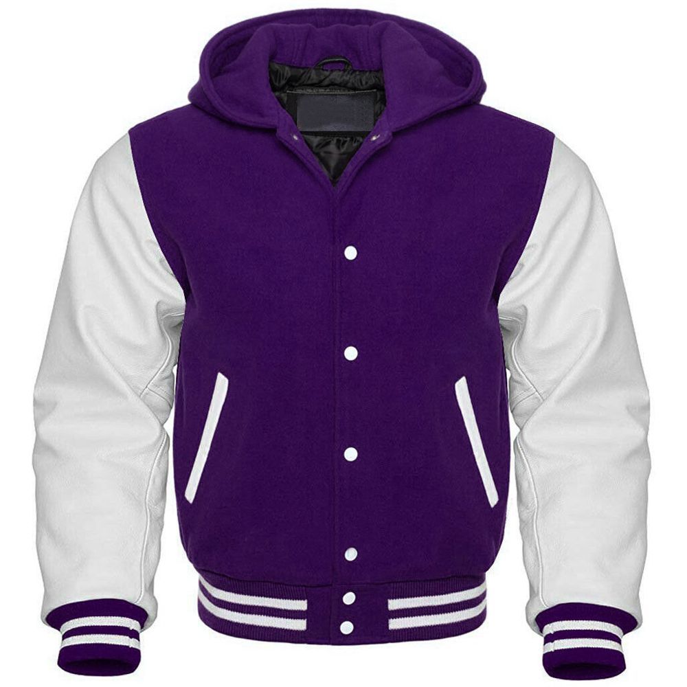 Men's Purple and White Hooded Varsity Jacket