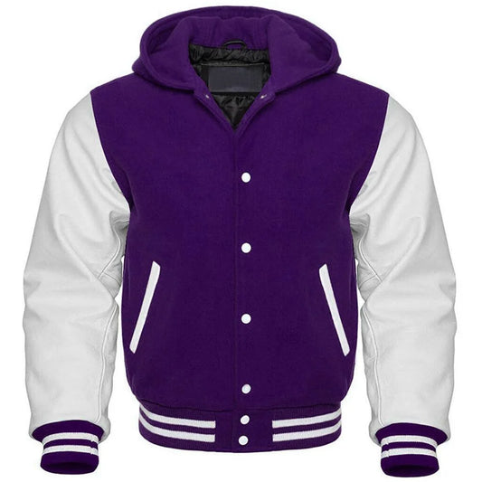Men's Purple and White Hooded Varsity Jacket