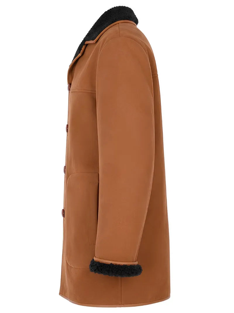 Men’s Shearling Lined Brown And Black Suede Coat Left 