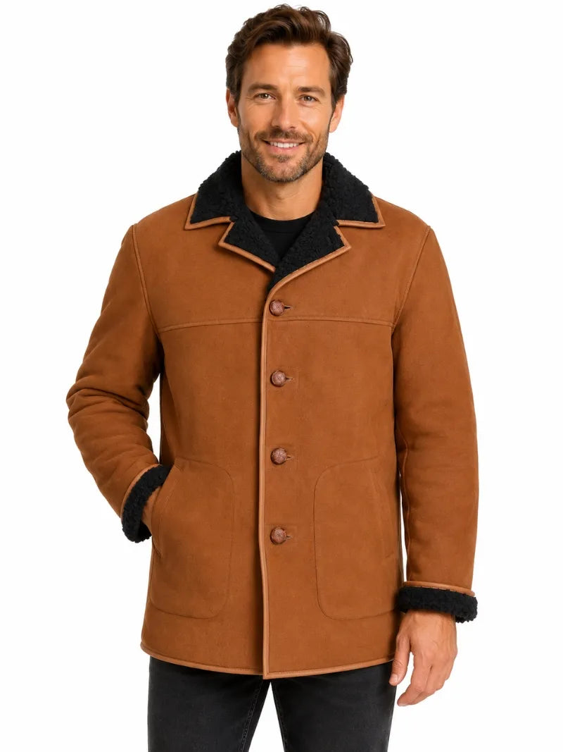 Men’s Shearling Lined Brown And Black Suede Coat Full