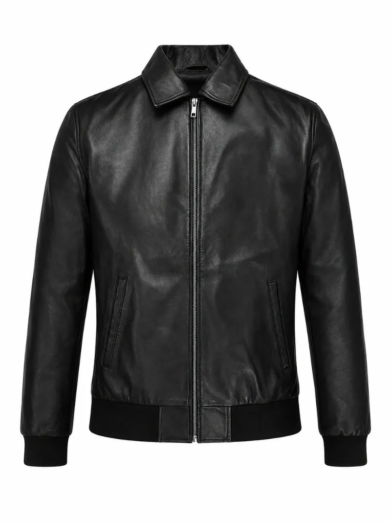 Men's Sleek Classic Black Leather Jacket Front 