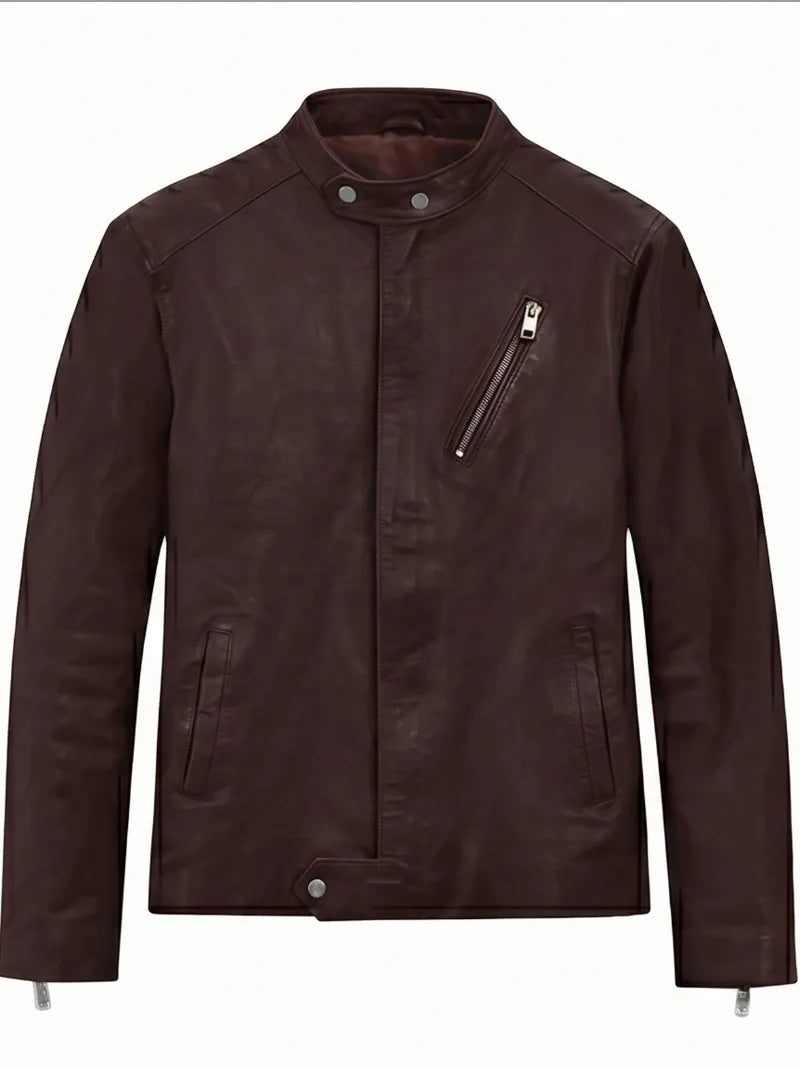 Men’s Slim Fit Burgundy Leather Jacket Front 