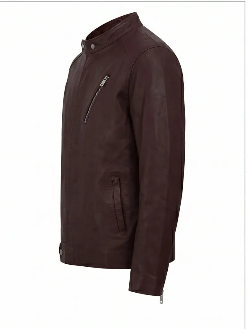Men’s Slim Fit Burgundy Leather Jacket Left 