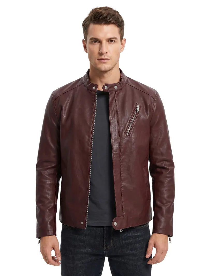 Men’s Slim Fit Burgundy Leather Jacket Full