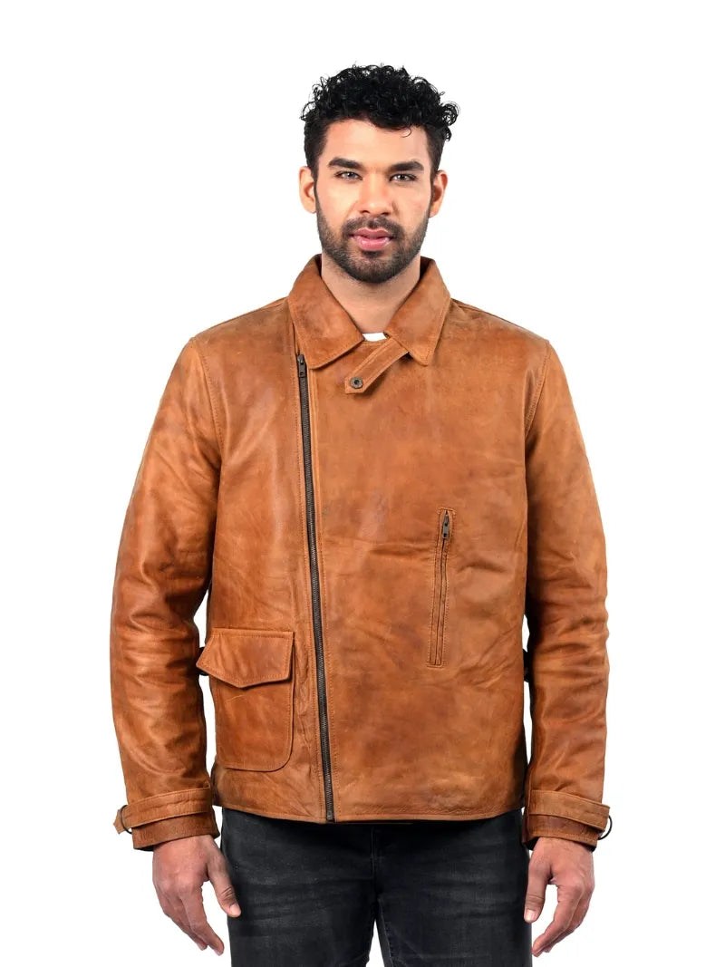 Men’s Tan Asymmetrical Zip Leather Jacket Front 